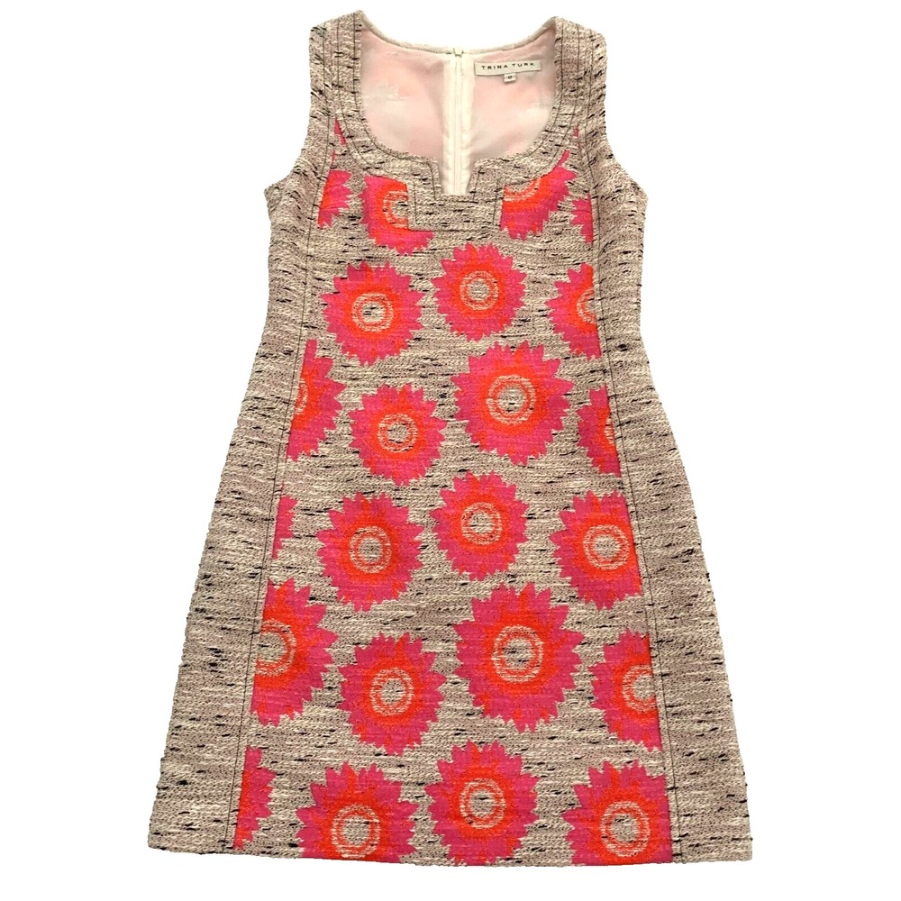 Trina Turk Tweed Floral Flower Notched Shift Dress sz 0 pockets Mod Retro